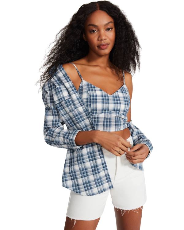 Steve Madden Checkered Button Up Blast Dam Blå | SM-631NC