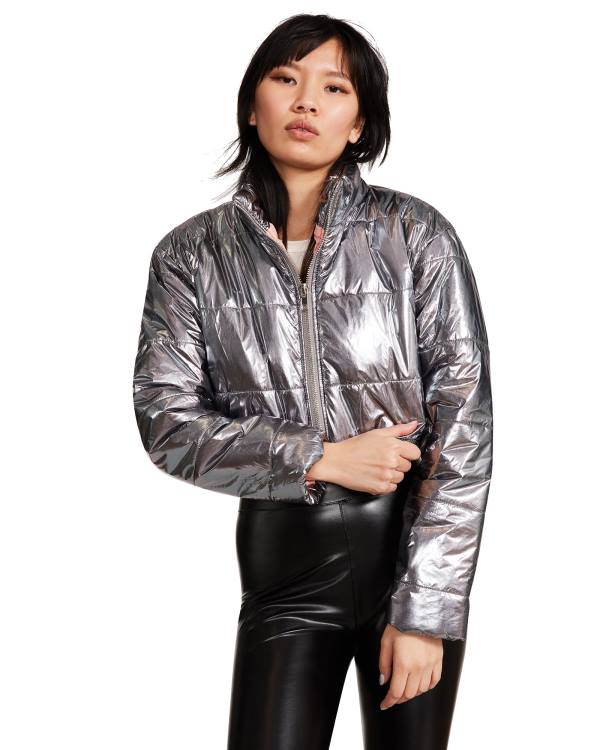 Steve Madden Cropped Metallic Puffer Gunmetal Jacka Dam Bronze | SM-132VP