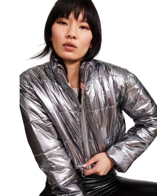 Steve Madden Cropped Metallic Puffer Gunmetal Jacka Dam Bronze | SM-132VP