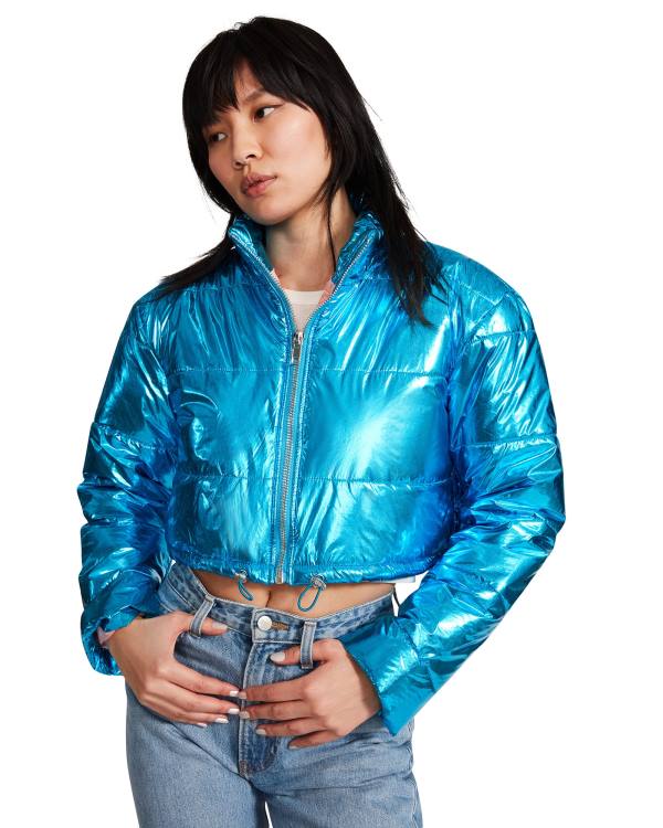 Steve Madden Cropped Metallic Puffer Jacka Dam Blå | SM-189NL