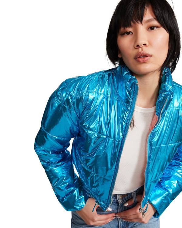 Steve Madden Cropped Metallic Puffer Jacka Dam Blå | SM-189NL