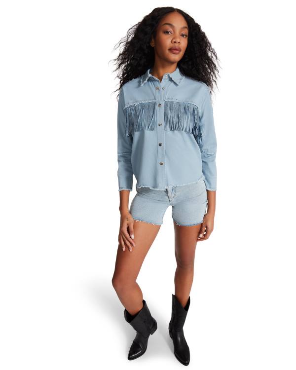 Steve Madden Denim Fringe Button Up Blast Dam Blå | SM-504QK