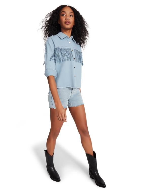 Steve Madden Denim Fringe Button Up Blast Dam Blå | SM-504QK