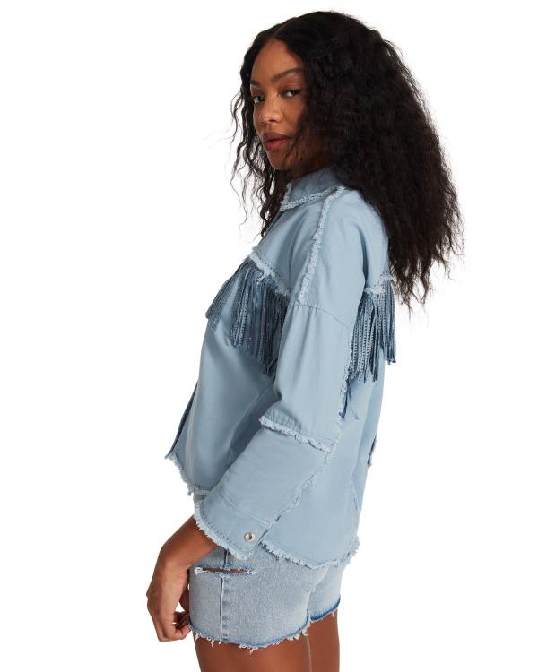 Steve Madden Denim Fringe Button Up Blast Dam Blå | SM-504QK