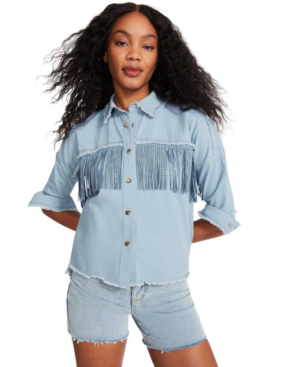 Steve Madden Denim Fringe Button Up Blast Dam Blå | SM-504QK