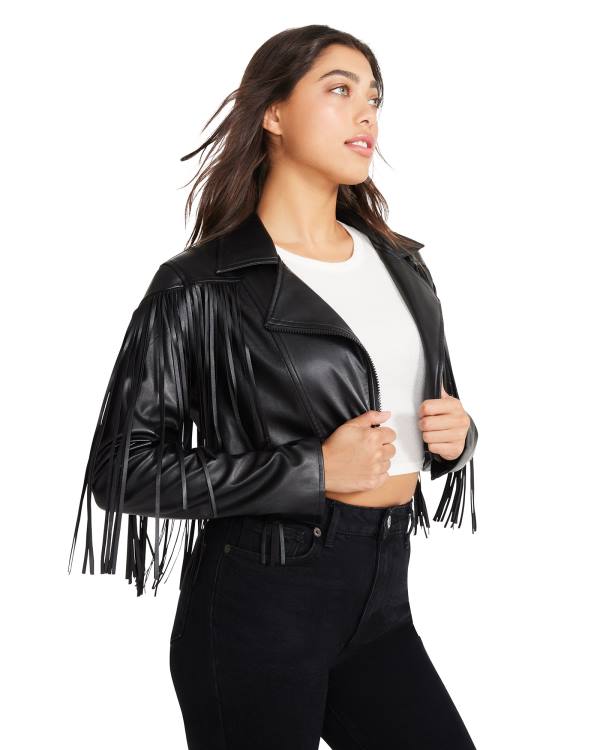 Steve Madden Fringe Faux Läder Jacka Dam Svarta | SM-104RS