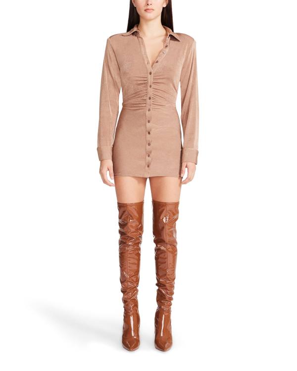 Steve Madden Long Sleeve Button Up Camel Fabric Klänning Dam Bruna | SM-390SR