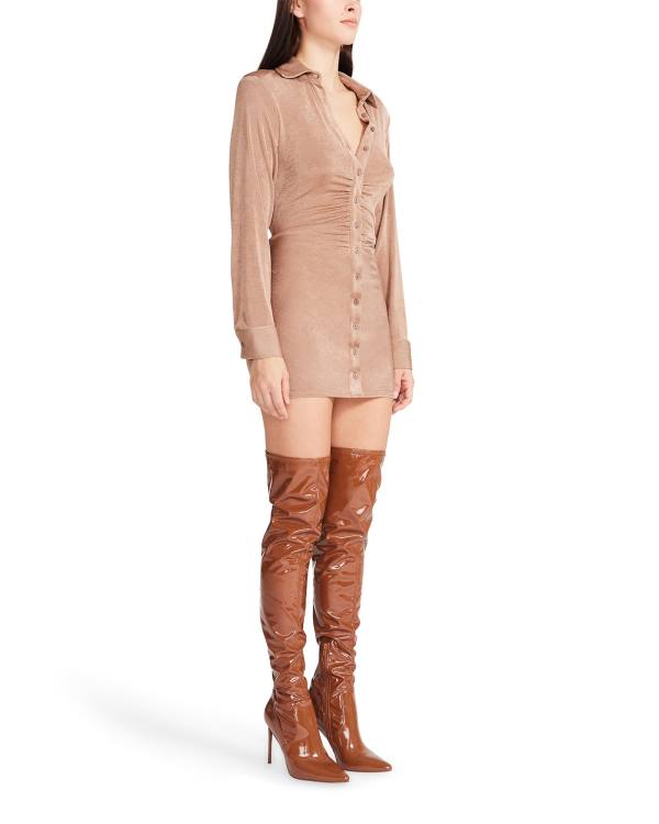 Steve Madden Long Sleeve Button Up Camel Fabric Klänning Dam Bruna | SM-390SR