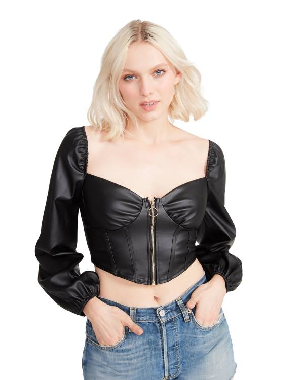 Steve Madden Long Sleeve Faux Läder Corset Blast Dam Svarta | SM-697CA