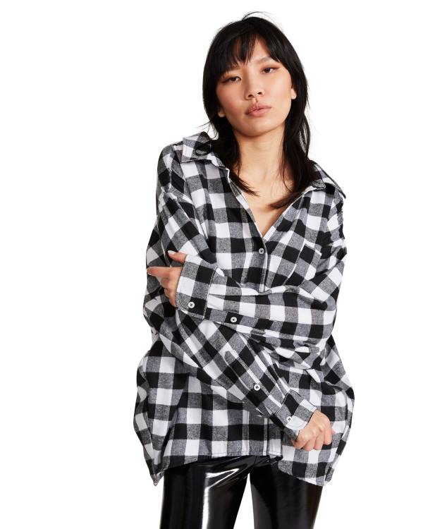 Steve Madden Oversized Gingham Flannel Blast Dam Svarta | SM-176DA