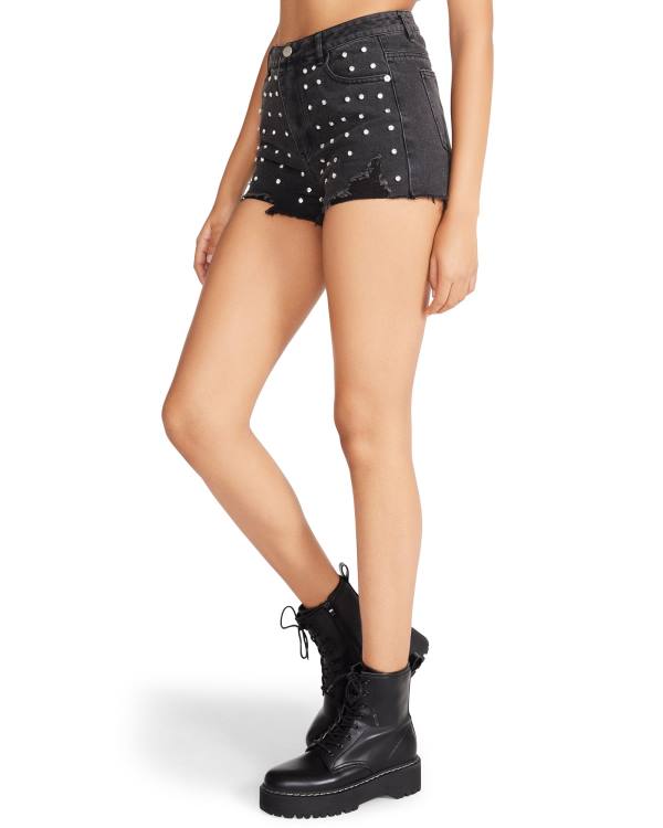 Steve Madden Rhinestone Distressed Denim Shorts Dam Svarta | SM-764LE