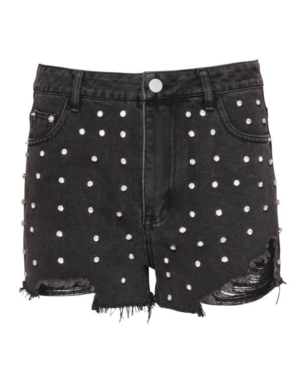 Steve Madden Rhinestone Distressed Denim Shorts Dam Svarta | SM-764LE