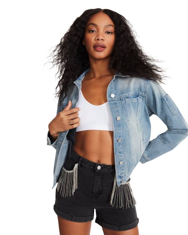 Steve Madden Rhinestone Fringe Denim Jacka Dam Blå | SM-251VK