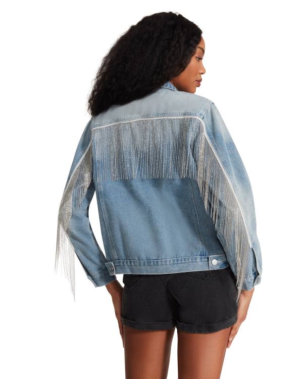 Steve Madden Rhinestone Fringe Denim Jacka Dam Blå | SM-251VK