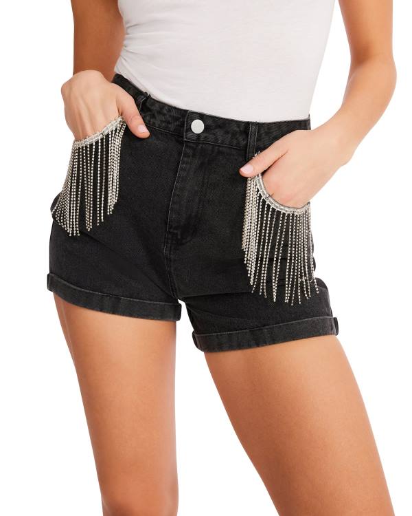 Steve Madden Rhinestone Fringe Shorts Dam Svarta | SM-517QK