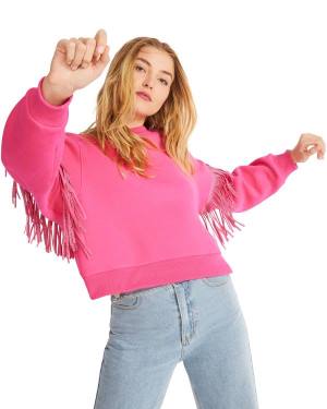 Steve Madden Rhinestone Fringe Crew Neck Blast Dam Rosa | SM-948RL