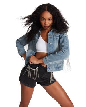 Steve Madden Rhinestone Fringe Denim Jacka Dam Blå | SM-251VK